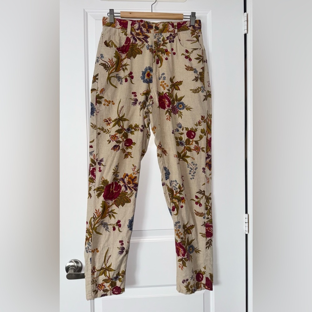 Vintage Liz Claiborne Liz Wear Linen Cotton Floral pants, 80s size 10 medium